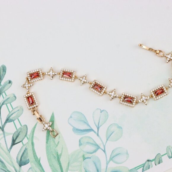 "Rose Gold Bracelet with Red Baguette Stones and Star CZ Links, XPBL0818 - Picture 3 of 12